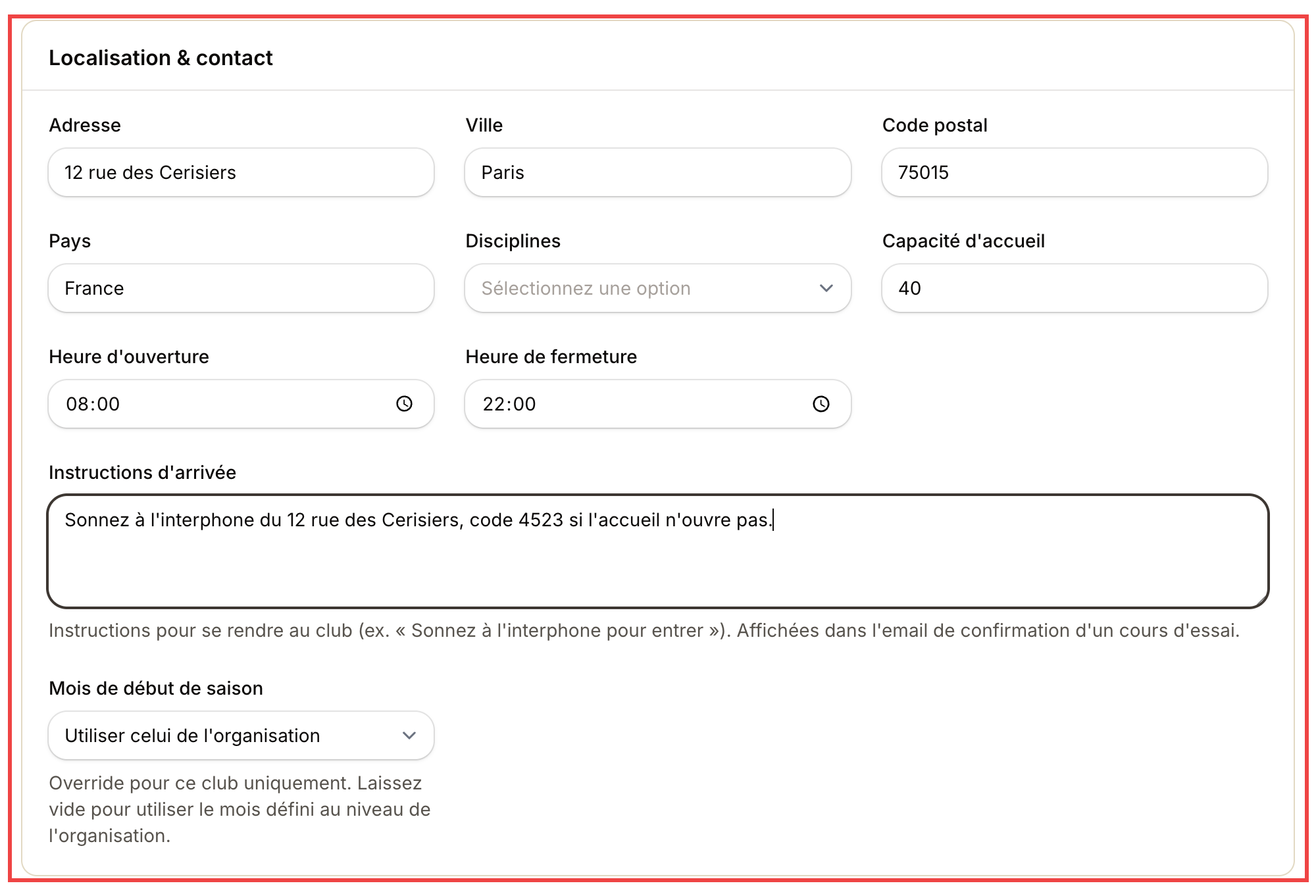 Localisation : adresse, capacité, horaires, instructions d'arrivée