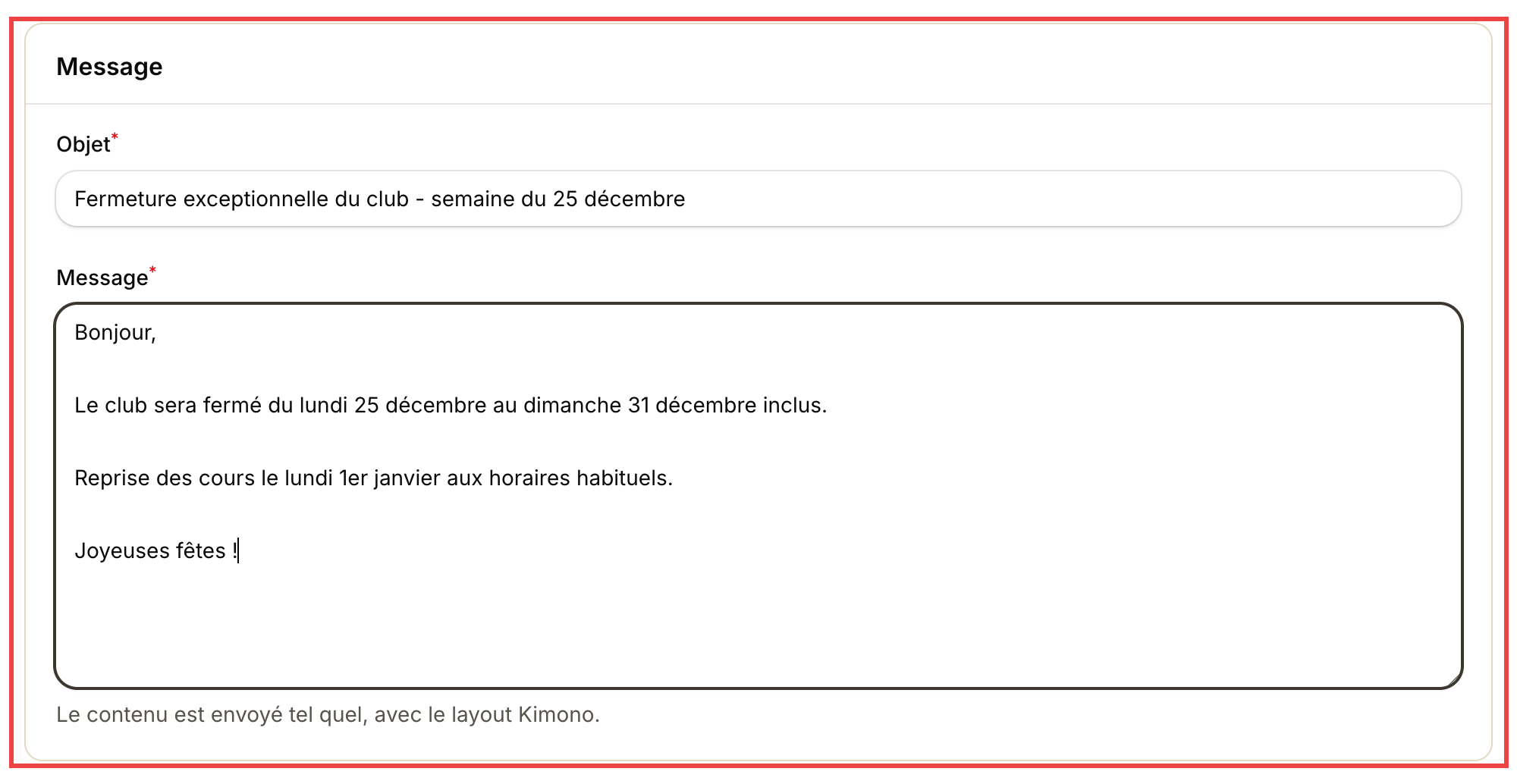 Bloc Message avec objet et corps remplis