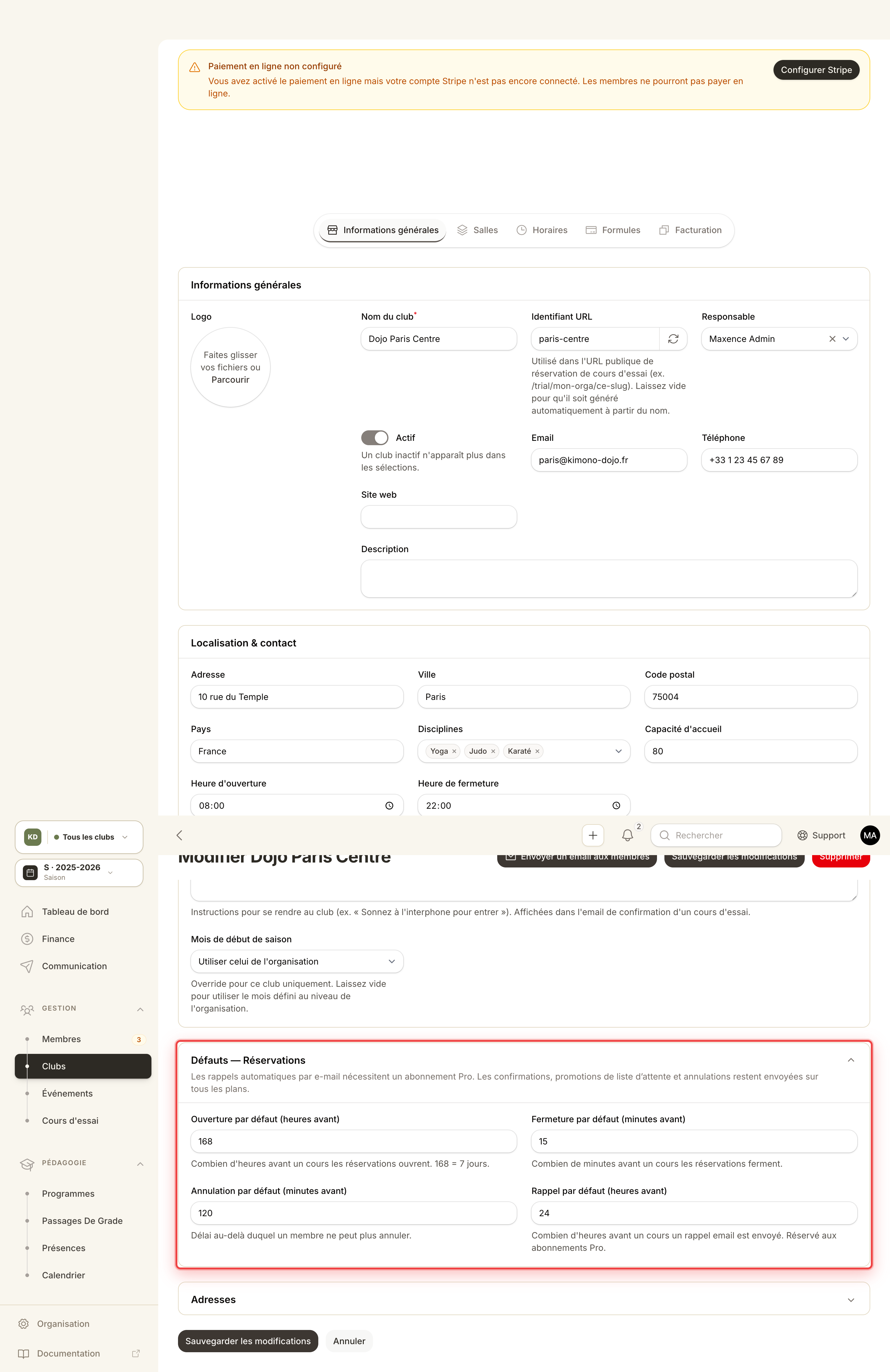 The Reservation defaults section on the club edit screen, with the default reminder set to 24 hours.