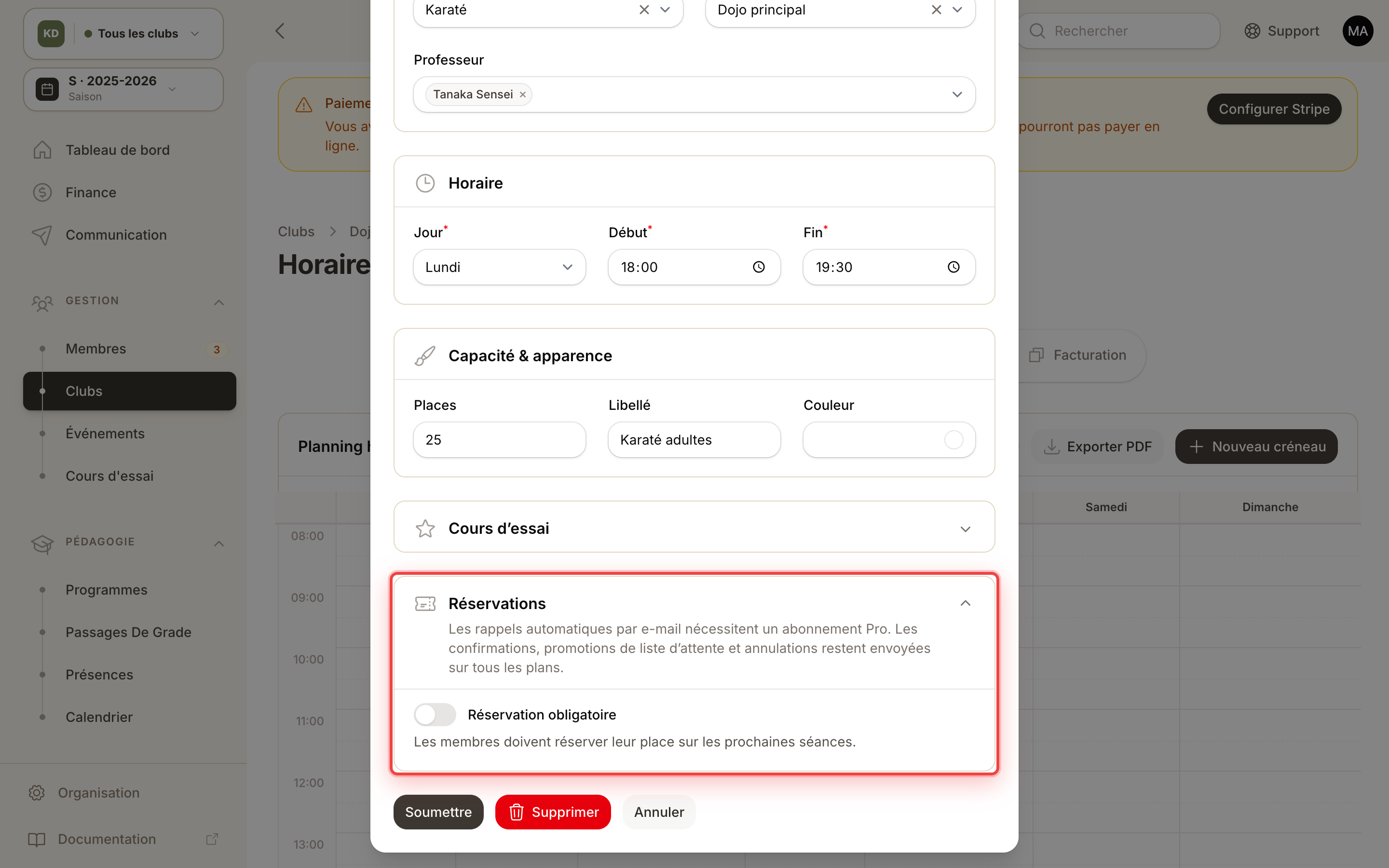 The Reservations section on a class form, with the Pro note for reminders.