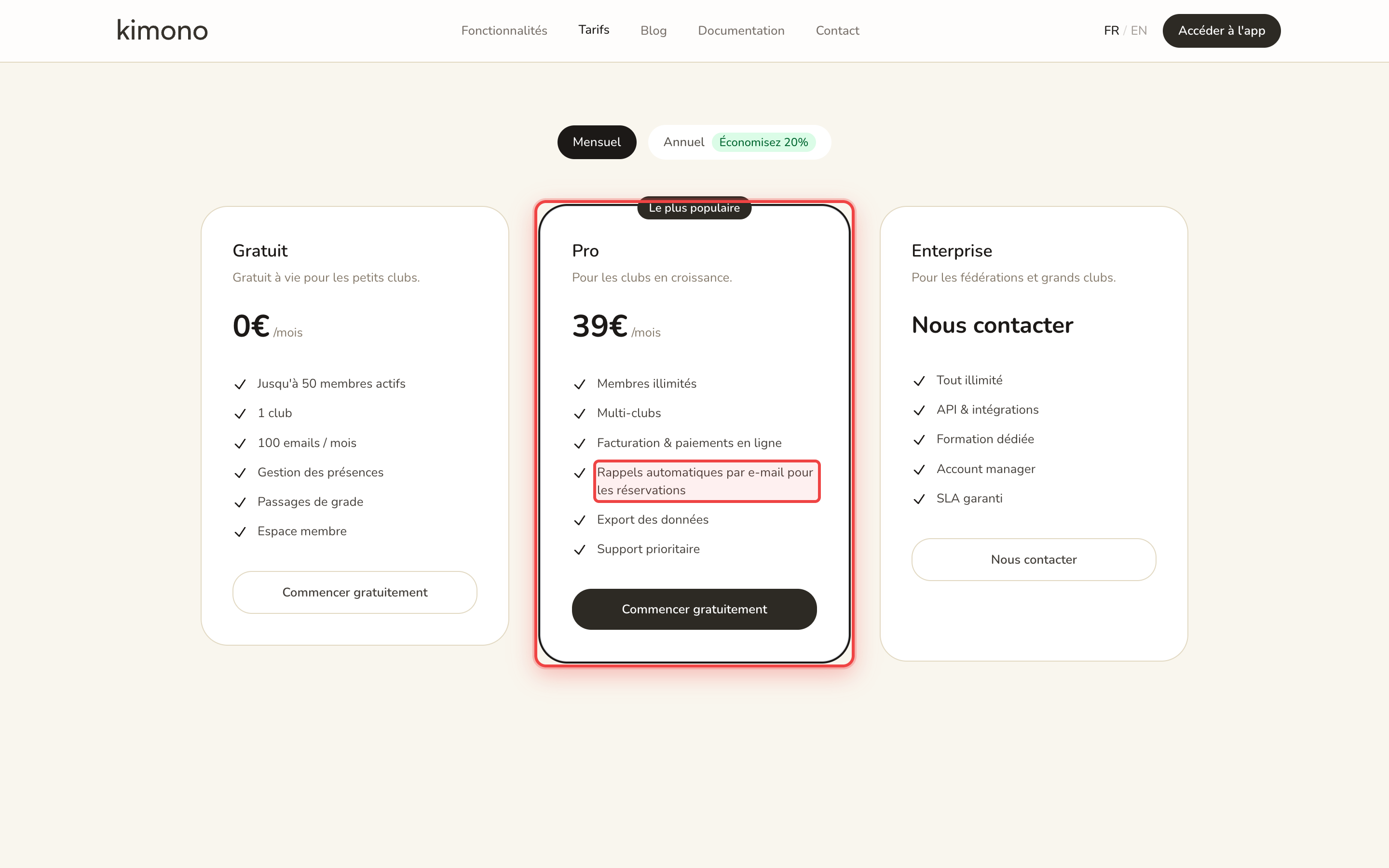 The Pro plan lists "Automatic email reminders for reservations".