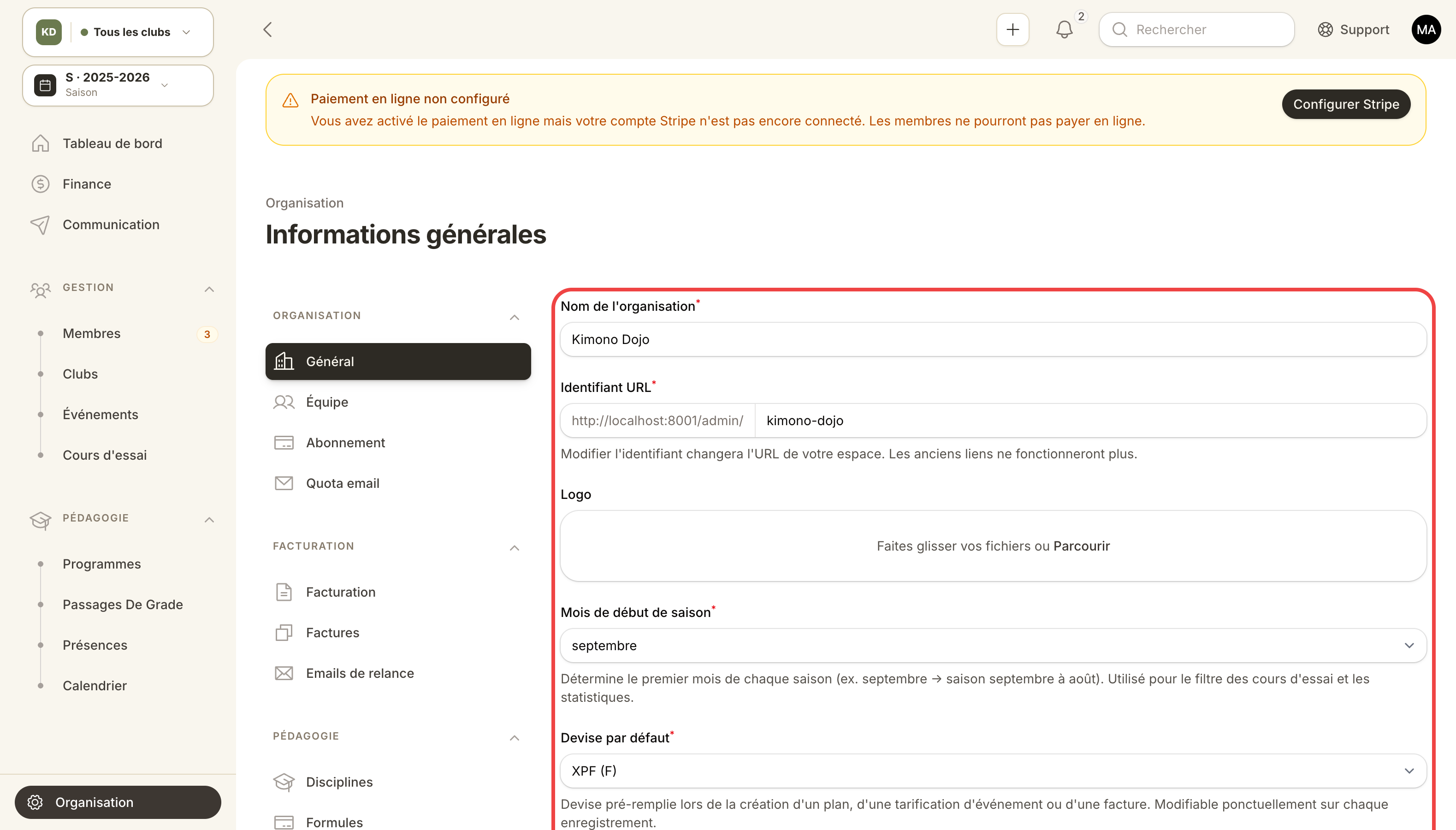 Paramètres généraux d'organisation