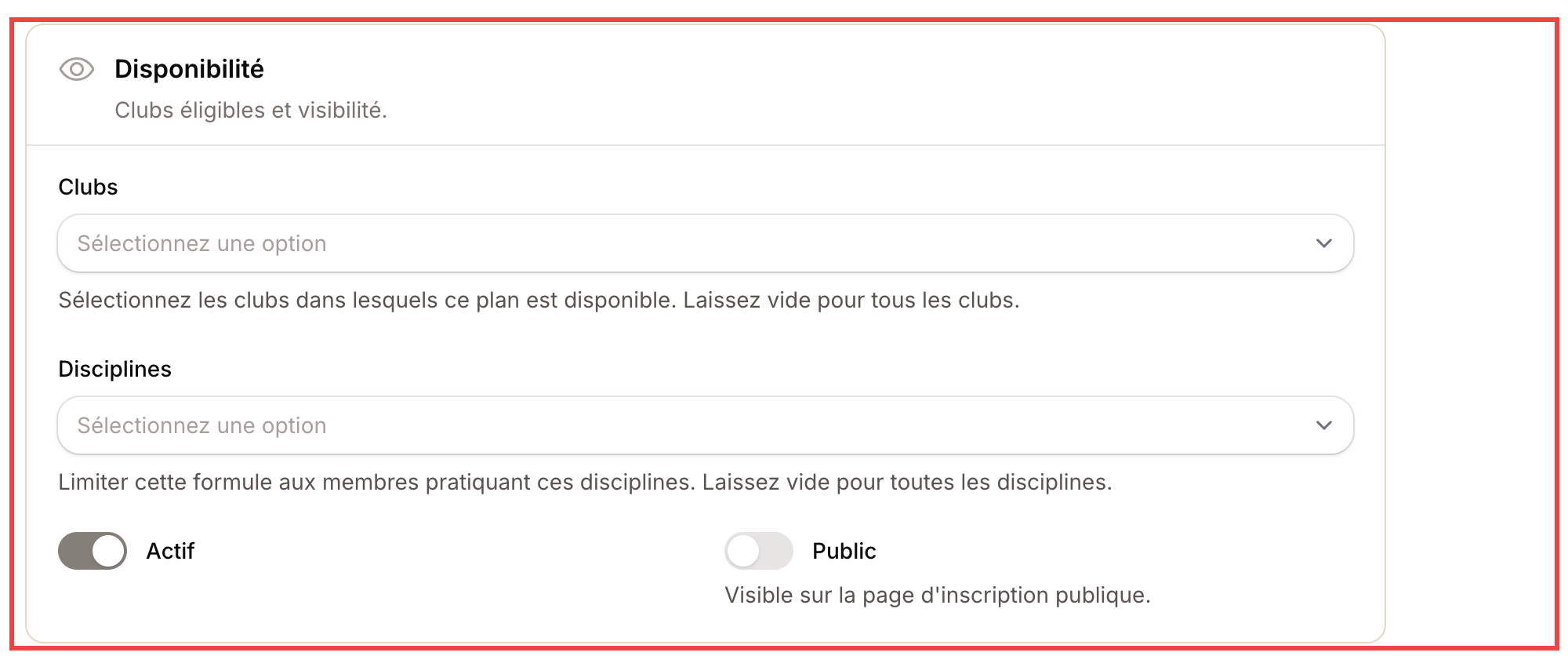 Disponibilité : clubs, disciplines, visibilité